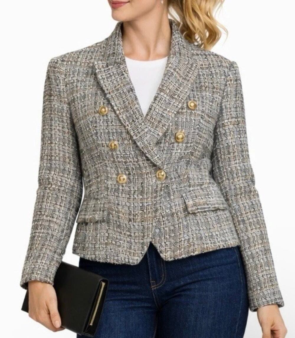 ZARA NWT Womens Double Breasted Cropped Tweed Blazer Gold Buttons Preppy